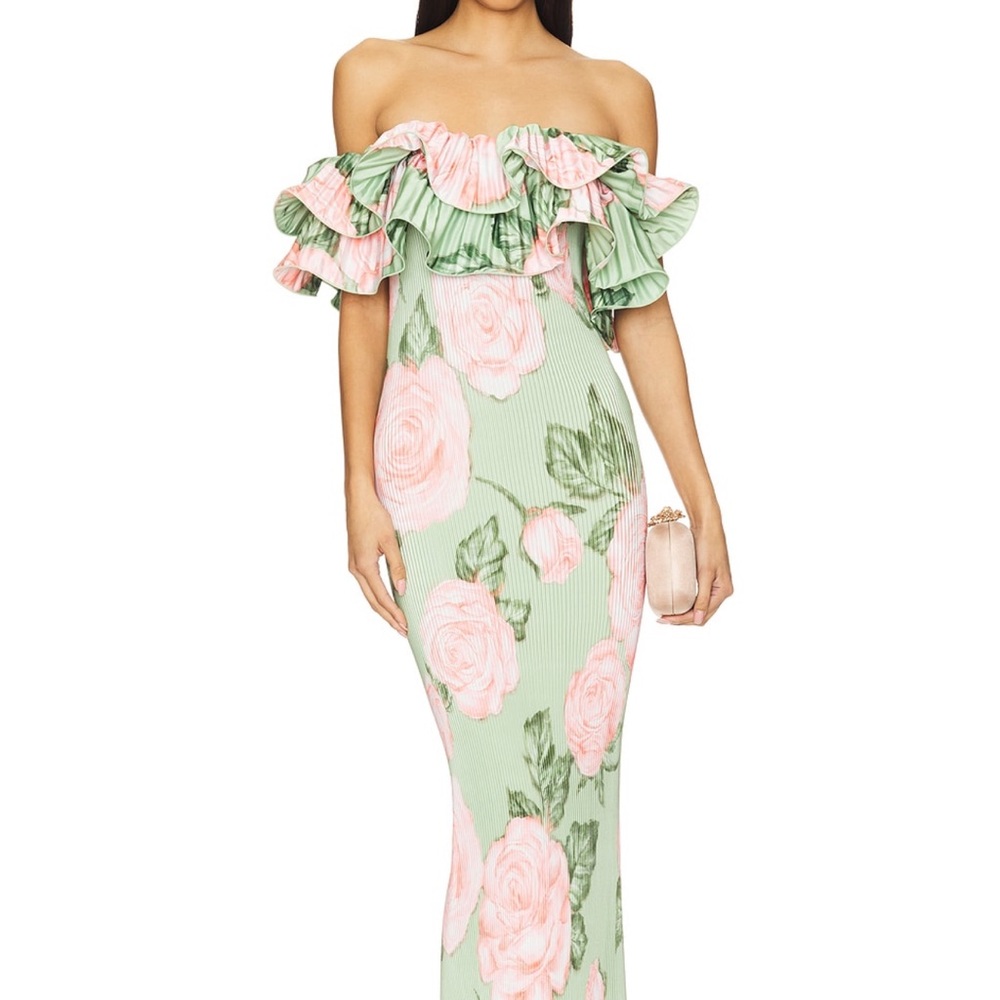 Elegant Strapless Floral Dress in Green and Pink
